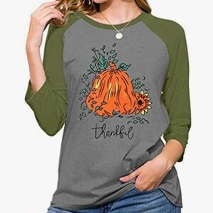 NEW Lrg Thanksgiving Shirt Womens Thankful Pumpkin 3/4 Sleeve Graphic Tee